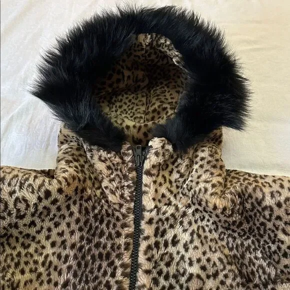 Fur Coat Jacket Hip Length Hooded Lined Cheetah Print - Picture 3 of 13
